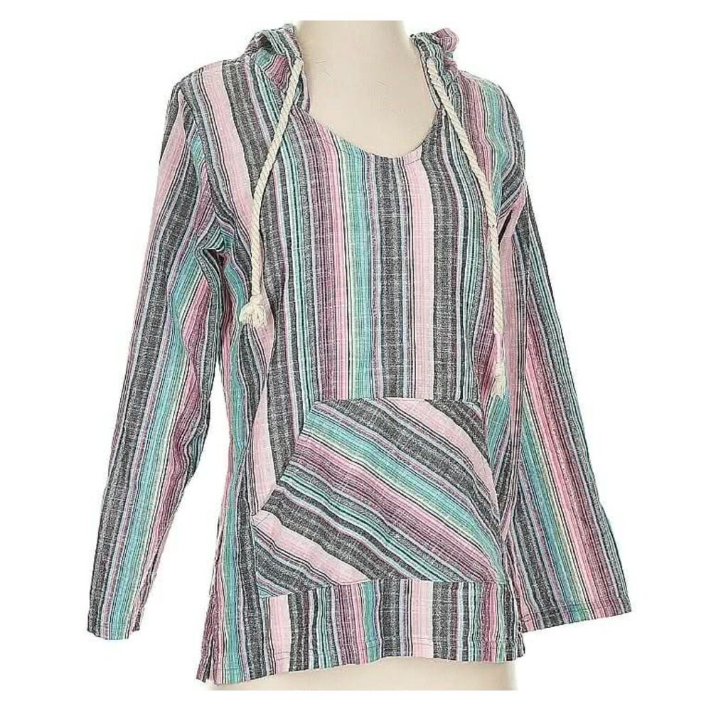 Vintage Collection Striped Baja Hoodie Top Multicolor Hooded  Size S Boho